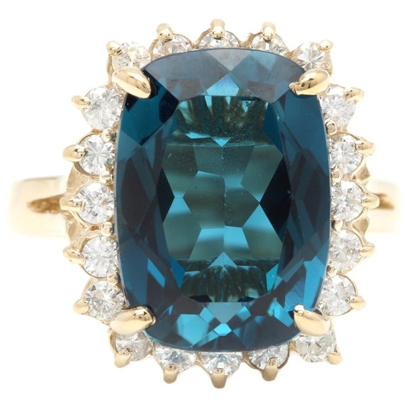 9.75 Ct Natural Impressive London Blue Topaz and Diamond 14K Yellow Gold Ring